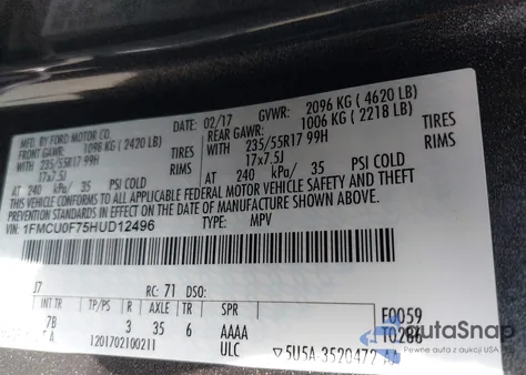 2017 Ford Escape S z USA, uszkodzony, nr VIN 1FMCU0F75HUD12496